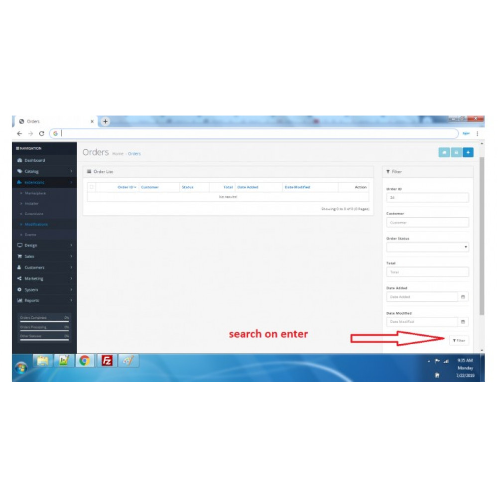 Admin orders and customers search on enter press